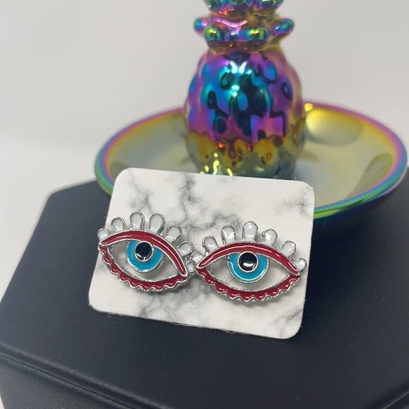 Red Evil Eye Gold Post Earrings - Picture 6 of 8